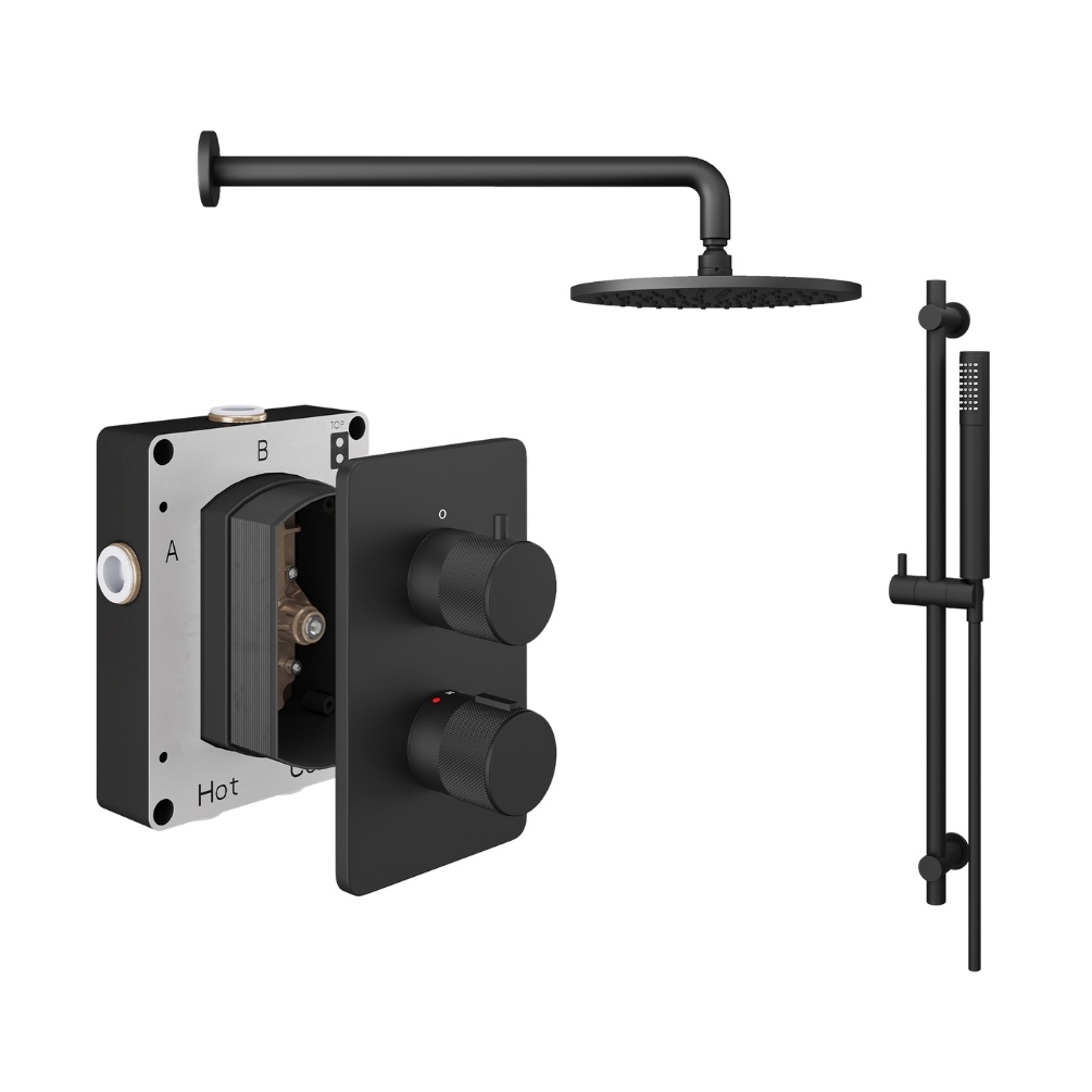 Product Cut out image of the Abacus Iso Pro Matt Black 2 Outlet Shower Pack with Fixed Head & Slide Rail